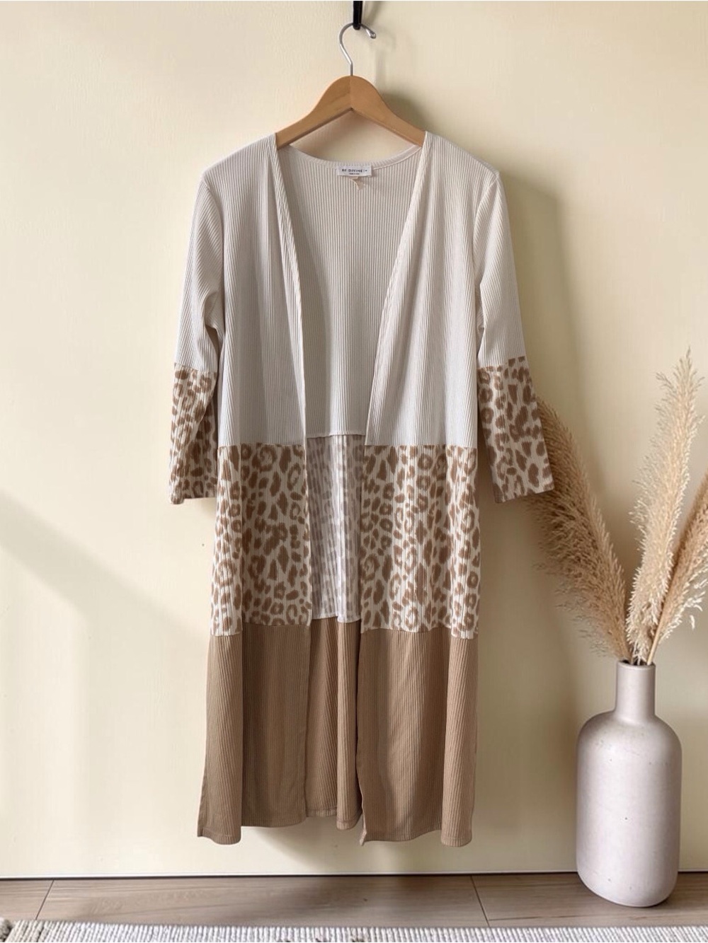Leopard Colorblock Long Duster Cardigan Ribbed Boho Open Front - Picture 9 of 9